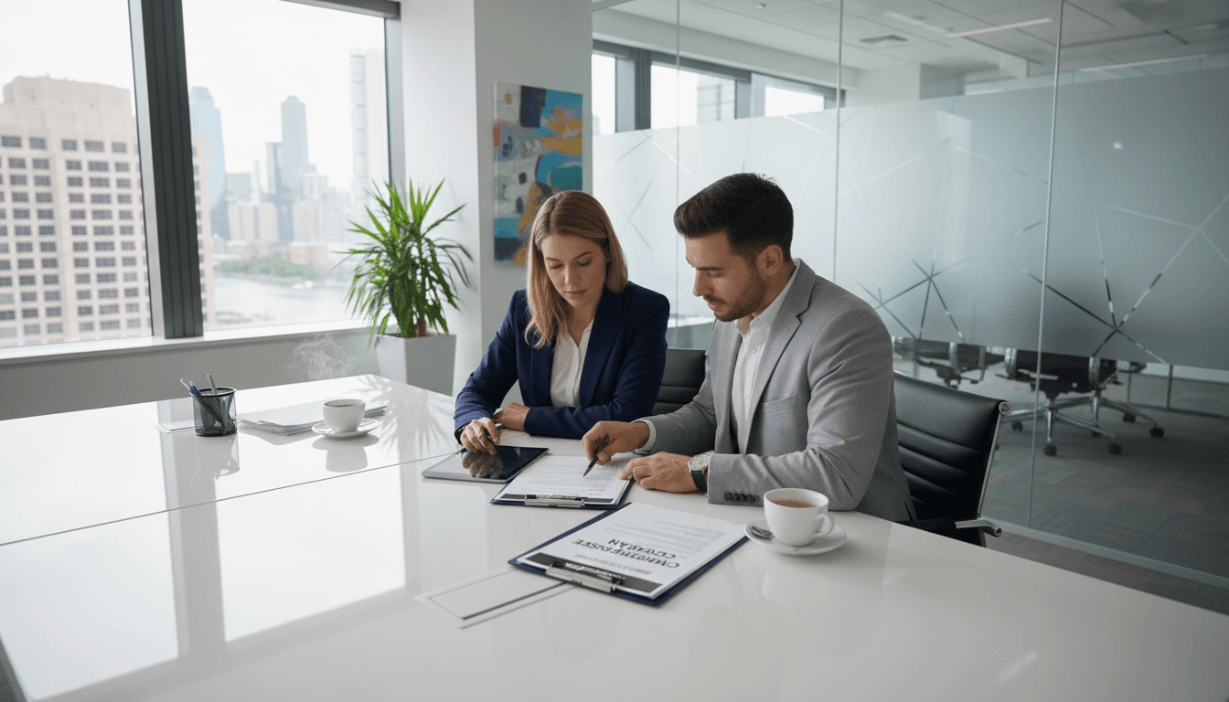 Insurance professional discussing coverage options with client in modern office setting