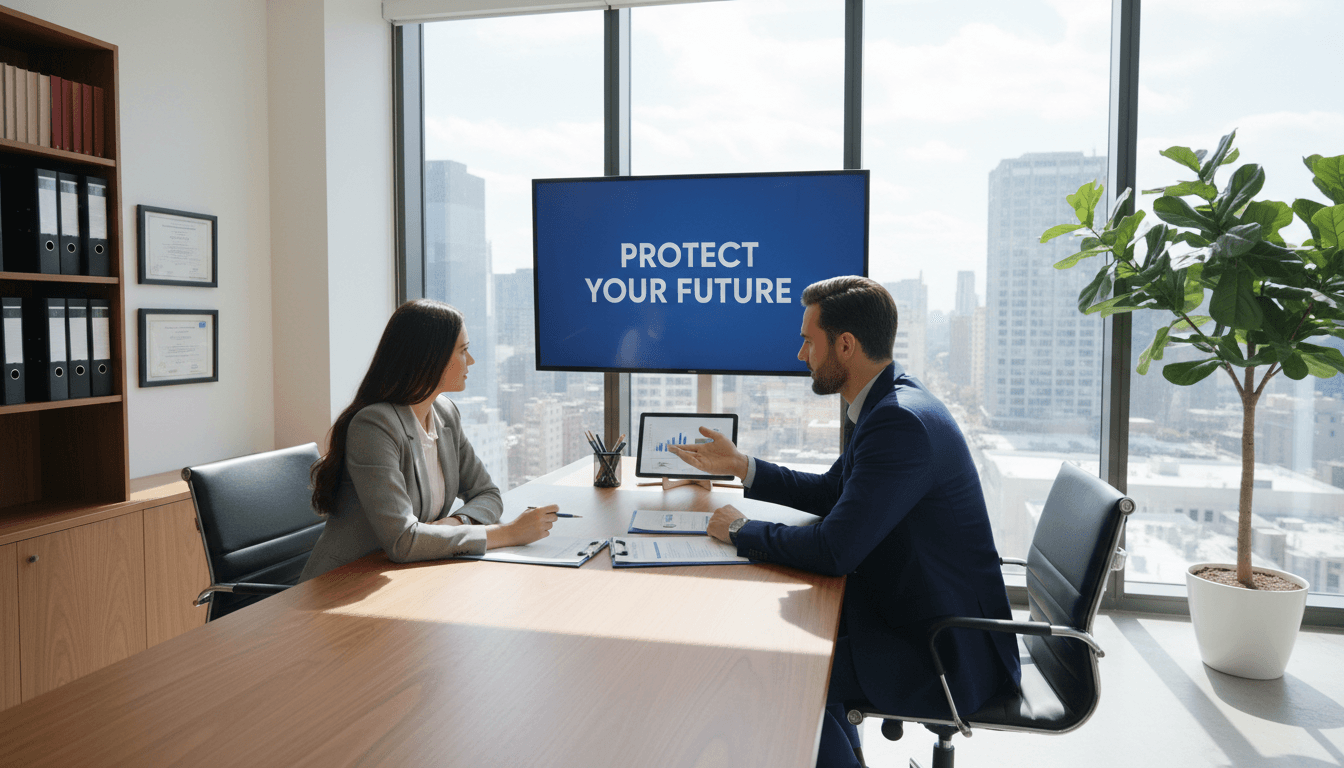 Insurance broker and client discussing policies in a professional office setting