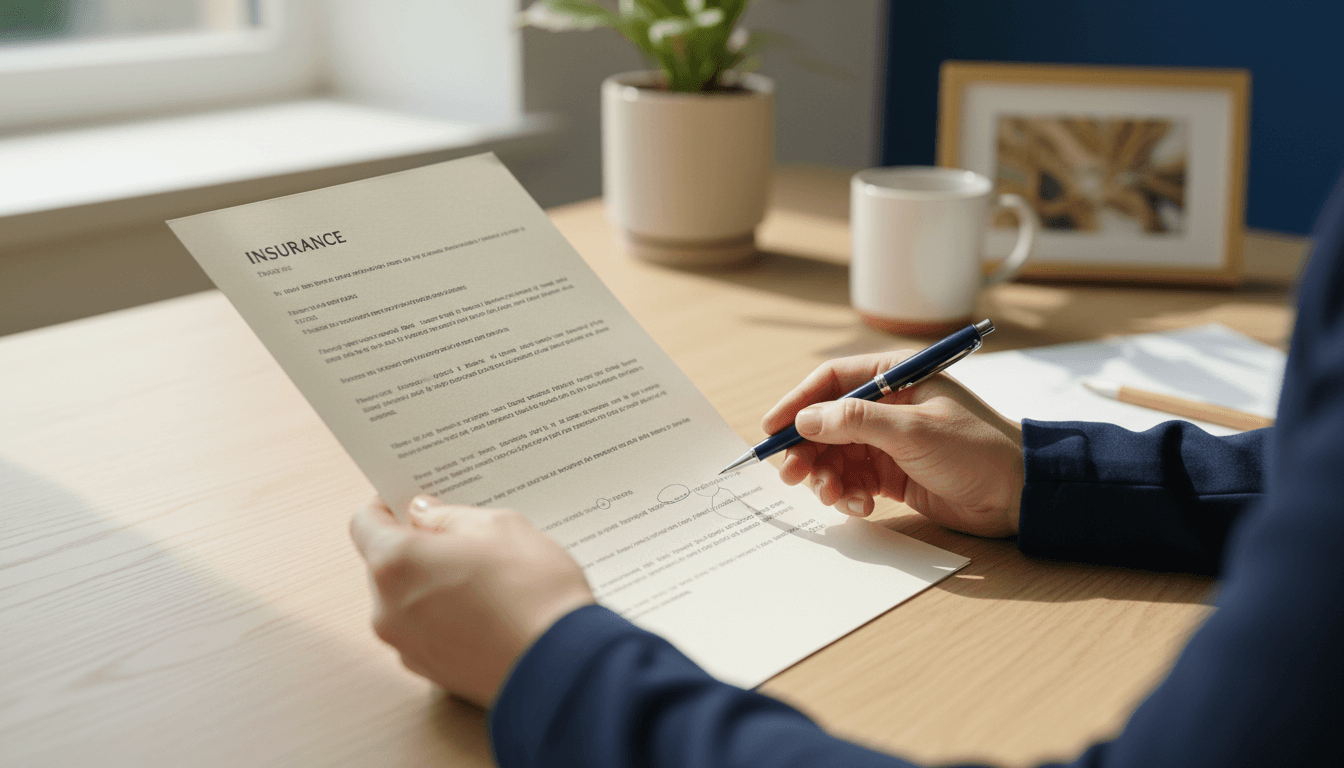 Insurance broker reviewing policy document with care