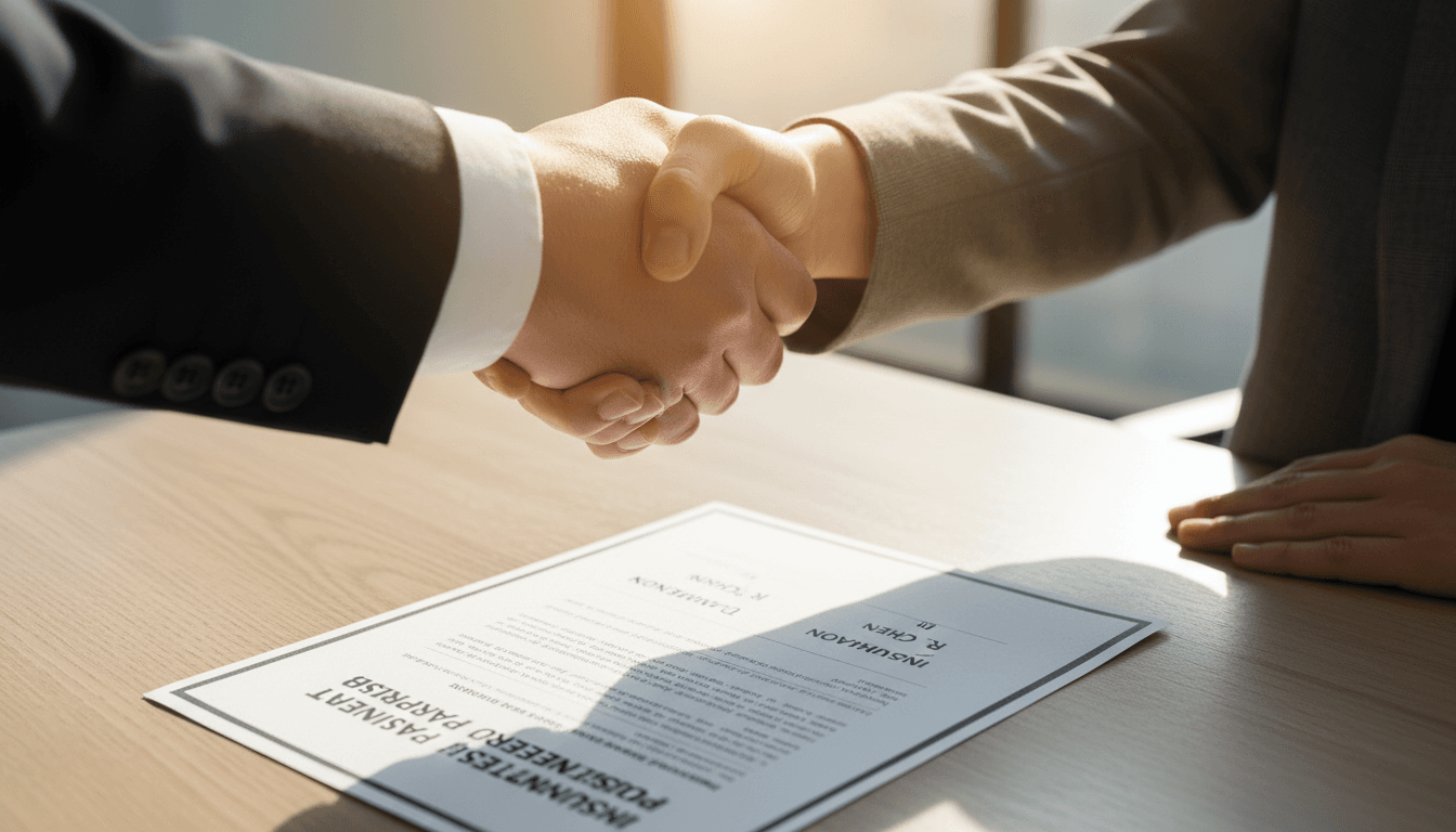Professionals shaking hands over signed insurance agreement