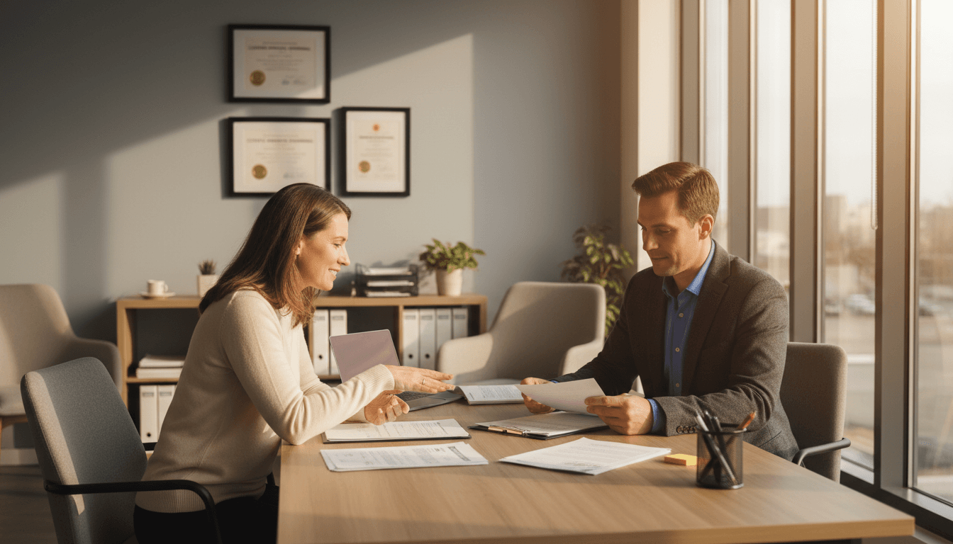 Insurance broker discussing coverage options with a client at desk