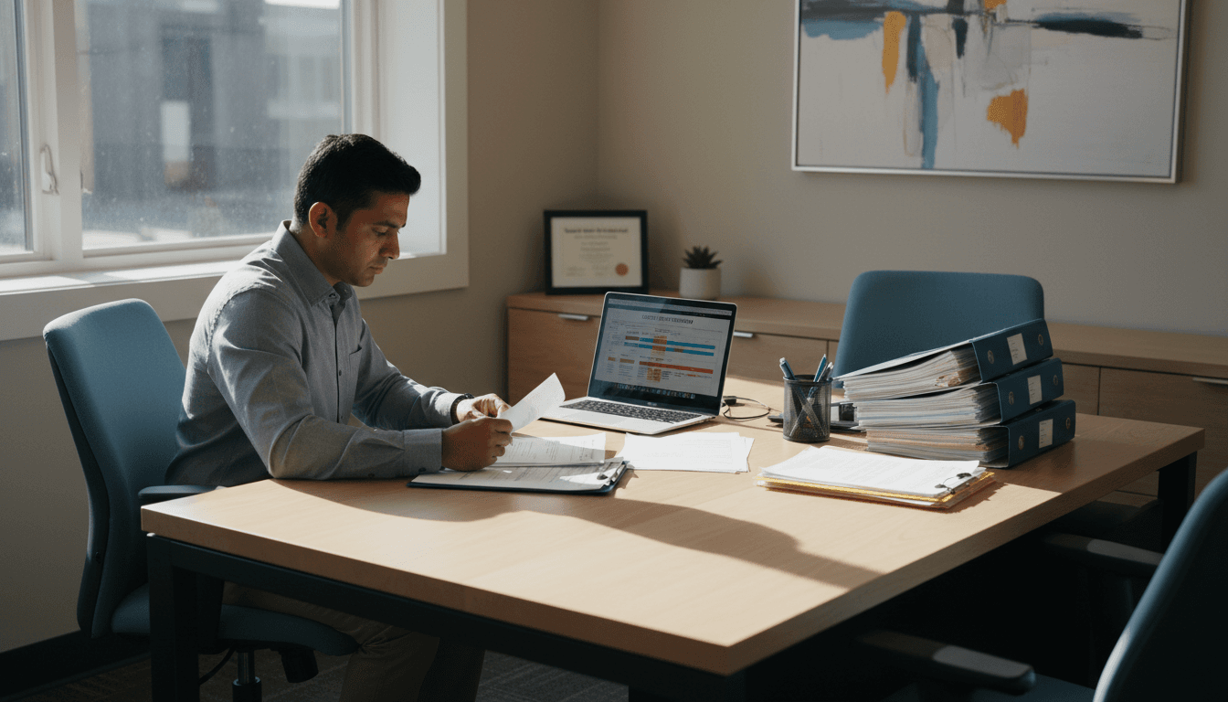 Insurance broker reviewing policies at desk in professional office