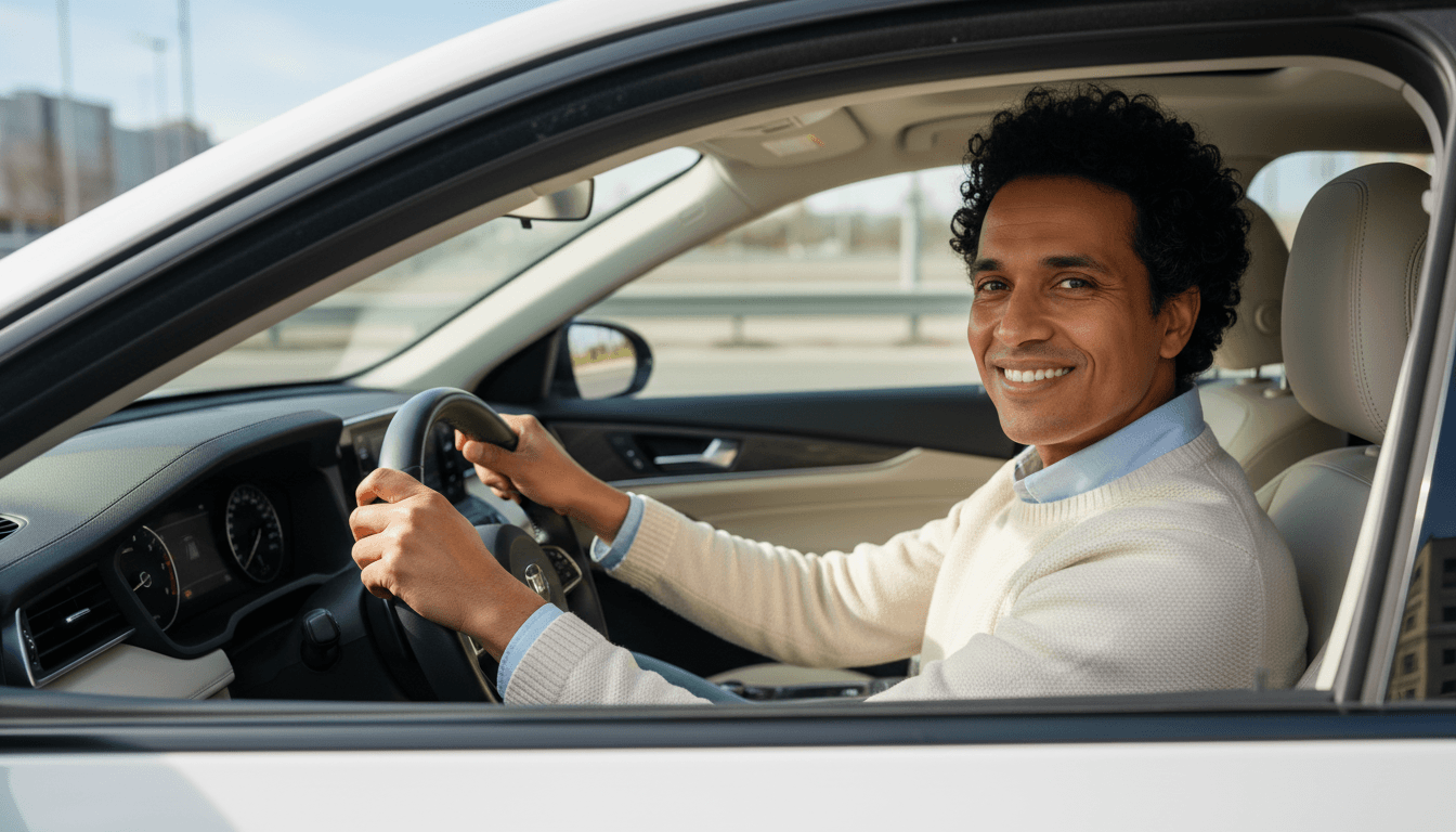 Happy driver in car with hands on steering wheel