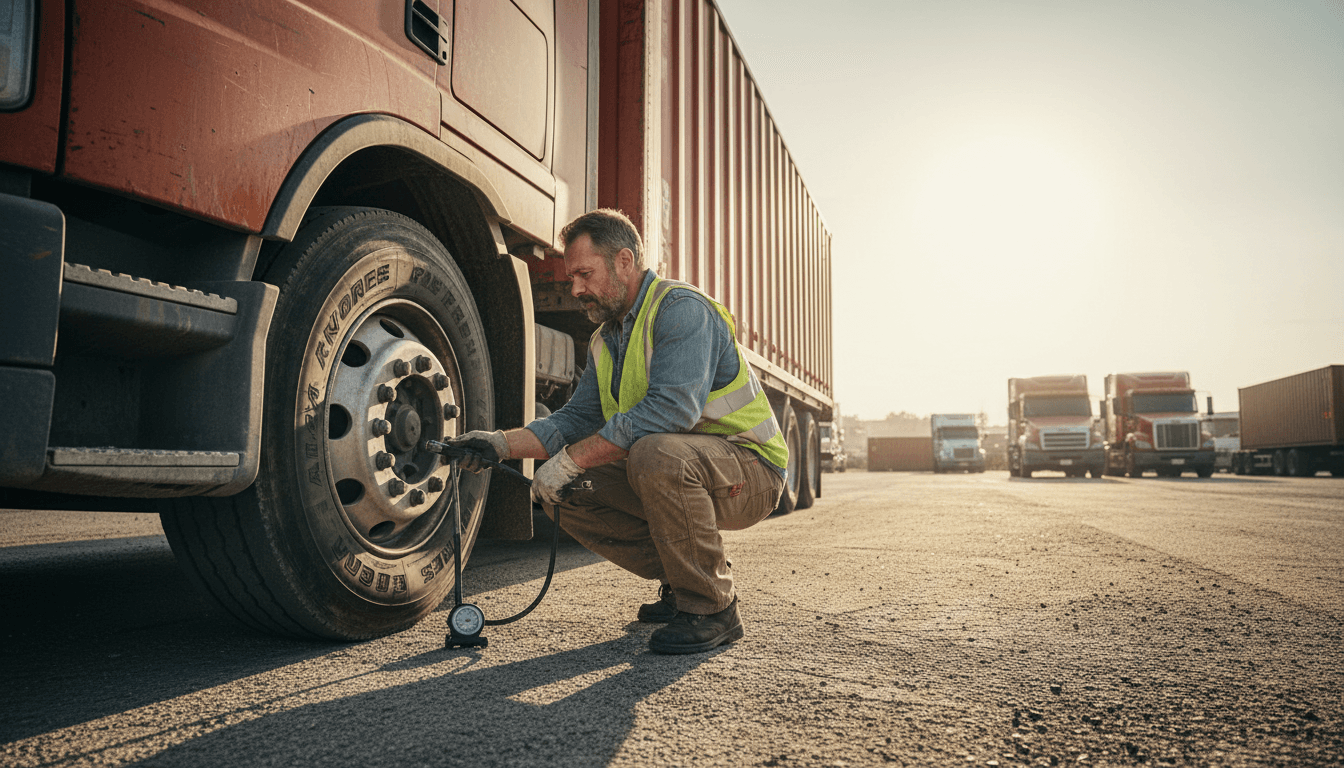 Truck driver conducting pre-trip inspection on commercial vehicle