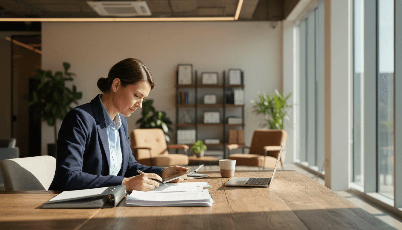 Insurance broker reviewing policy documents at desk
