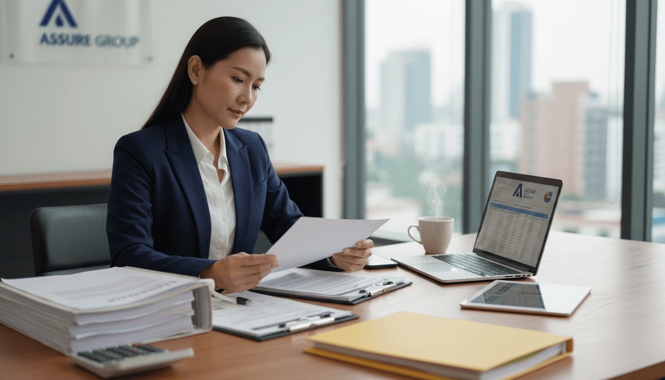 Insurance professional reviewing commercial coverage options at office desk
