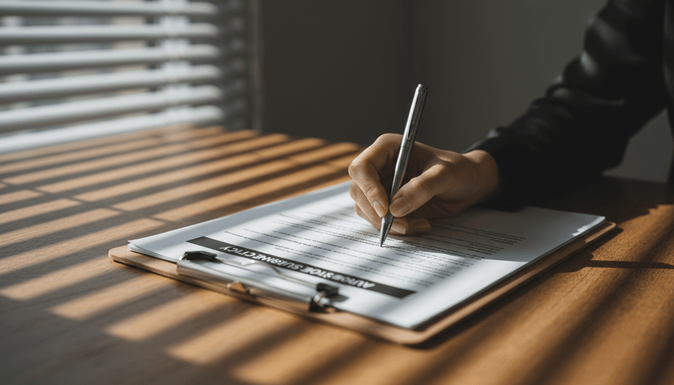 Hands signing insurance paperwork on a desk with natural light