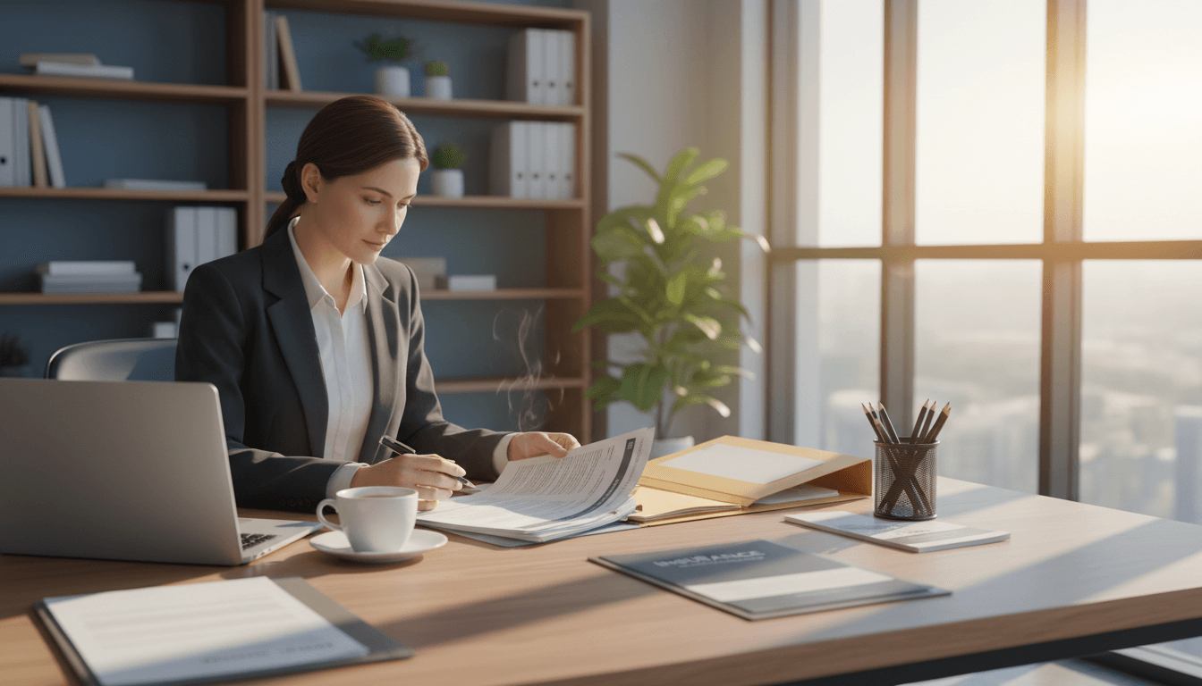 Business owner reviewing insurance documents at desk in bright office