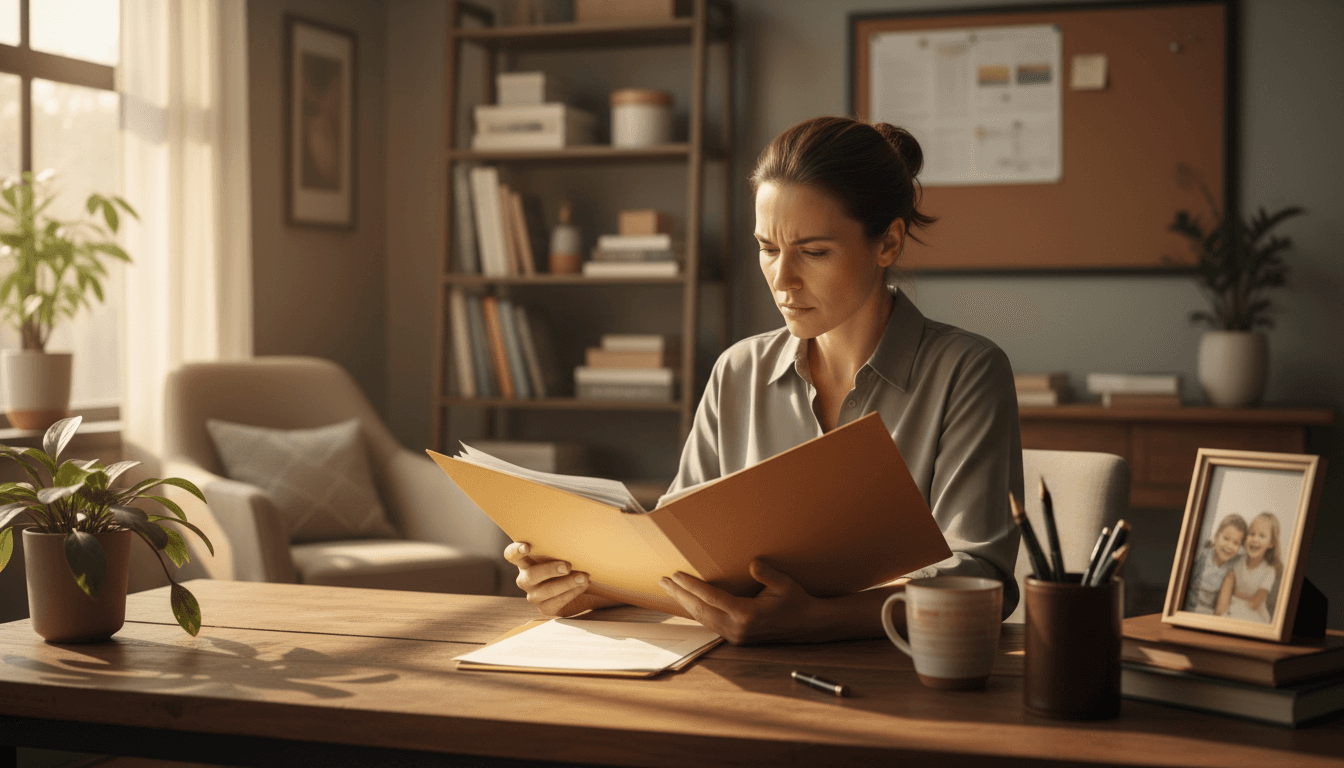 Business owner reviewing insurance documentation at desk