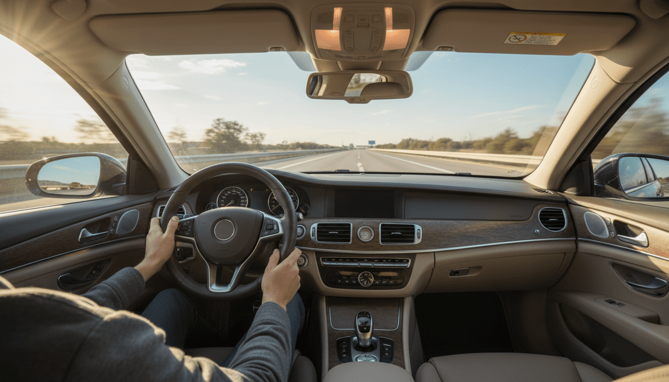 Driver confidently holding the steering wheel with natural sunlight streaming through the windshield