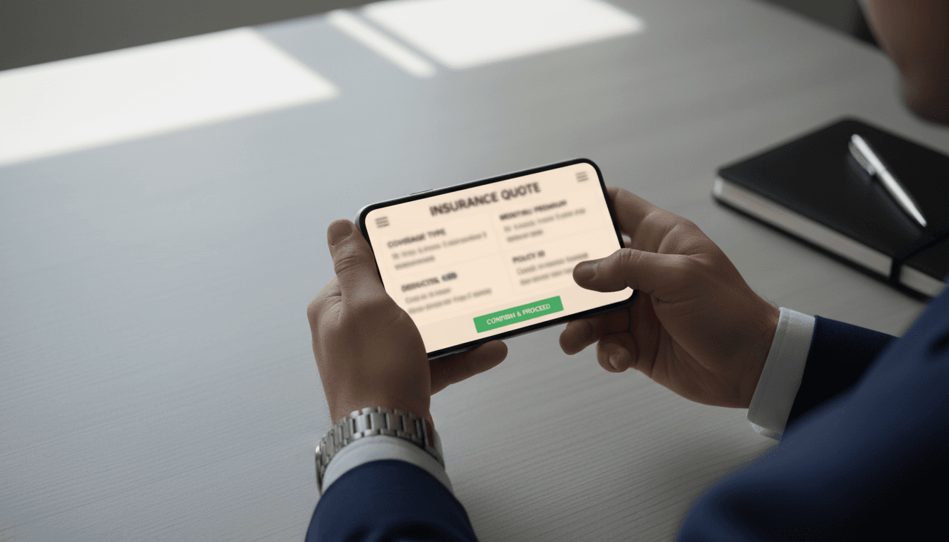 Close-up of professional reviewing insurance quote on mobile device