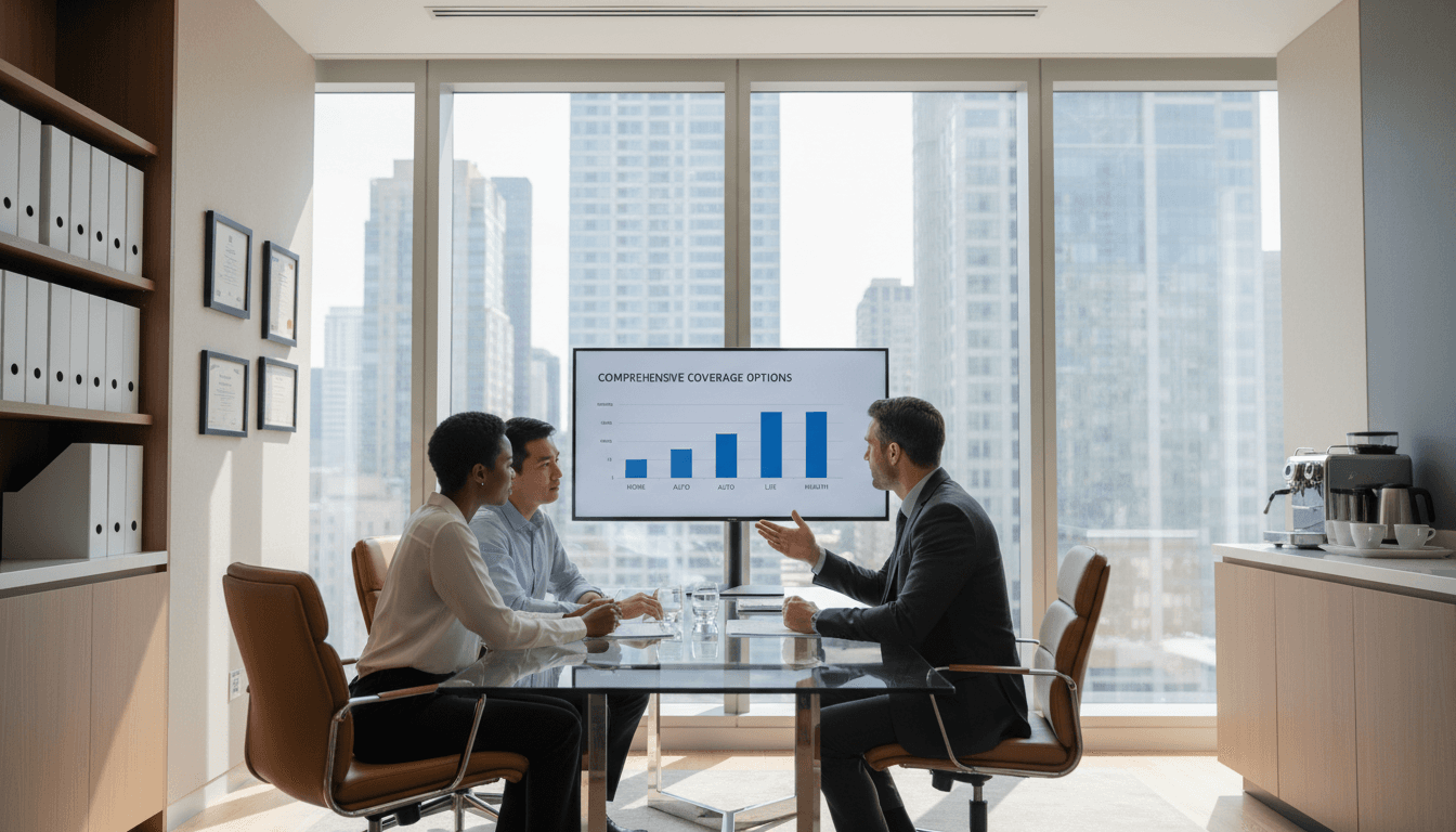 Professional insurance broker consulting with client at office desk