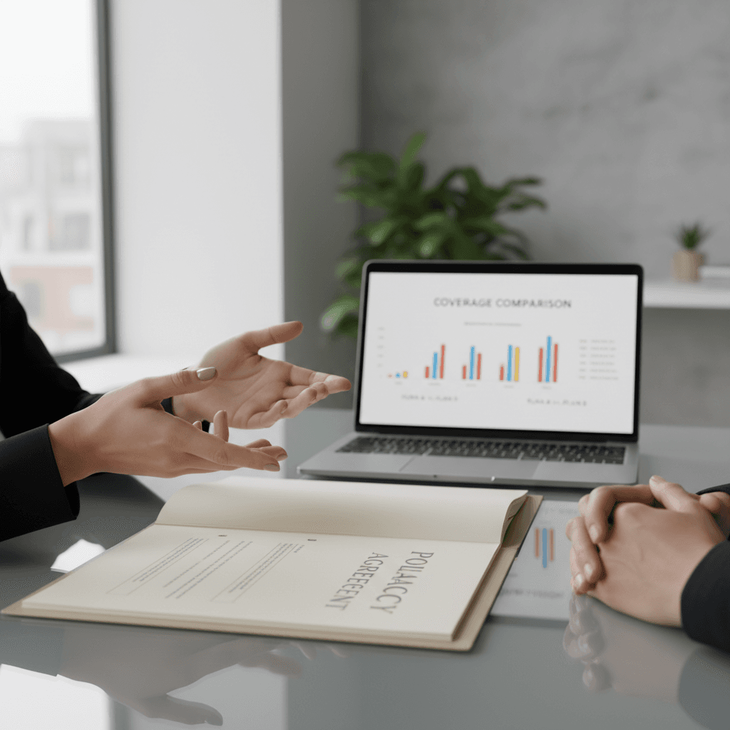 Insurance broker consulting with client at desk in professional office setting