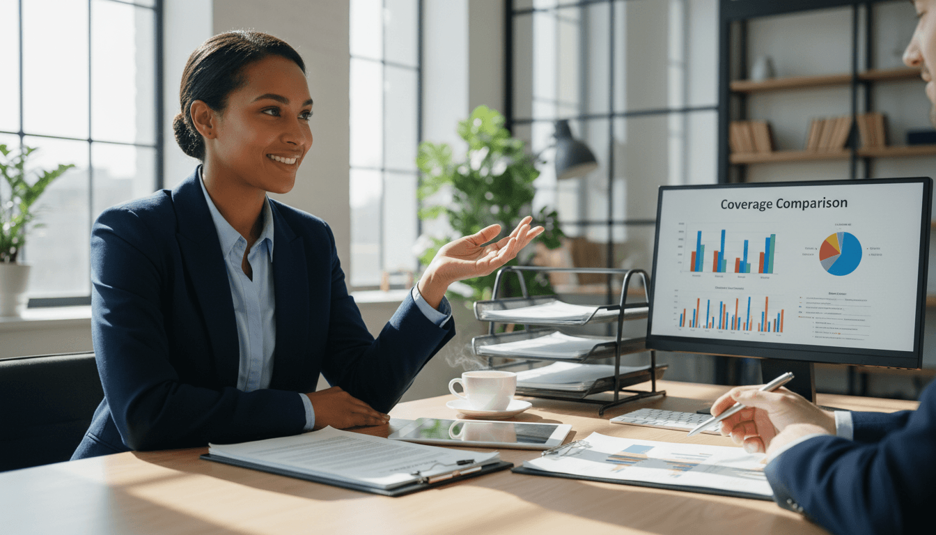 Insurance broker discussing coverage options with client in professional office setting